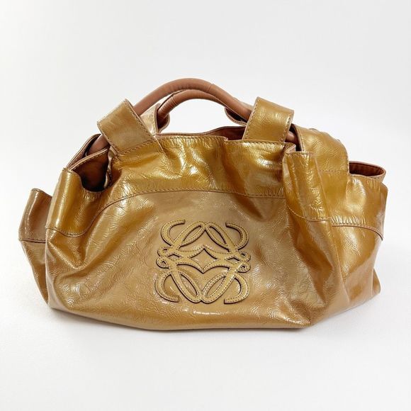 LOEWE Aire Bronze Gold Metallic Patent Leather Bag Medium Top Handle Crinkled - Picture 3 of 15